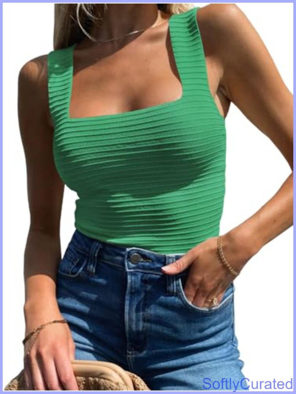 Ribbed Knit Square Neck Sleeveless Slim Fit Tank Top